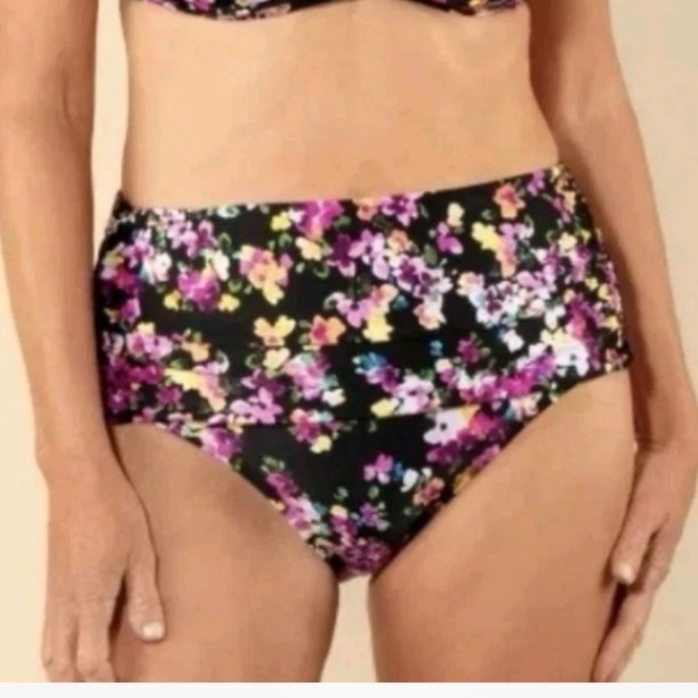 Lands' End Black Floral Fold Over Bikini Bottom  XS NWT
